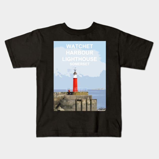 Watchet Harbour Lighthouse Somerset.Travel location poster Kids T-Shirt by BarbaraGlebska